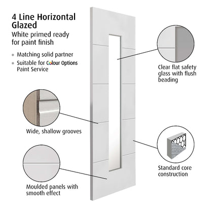 JB Kind 4 Line Horizontal Internal White Primed Glazed Door - 1981 x 762 x 35mm