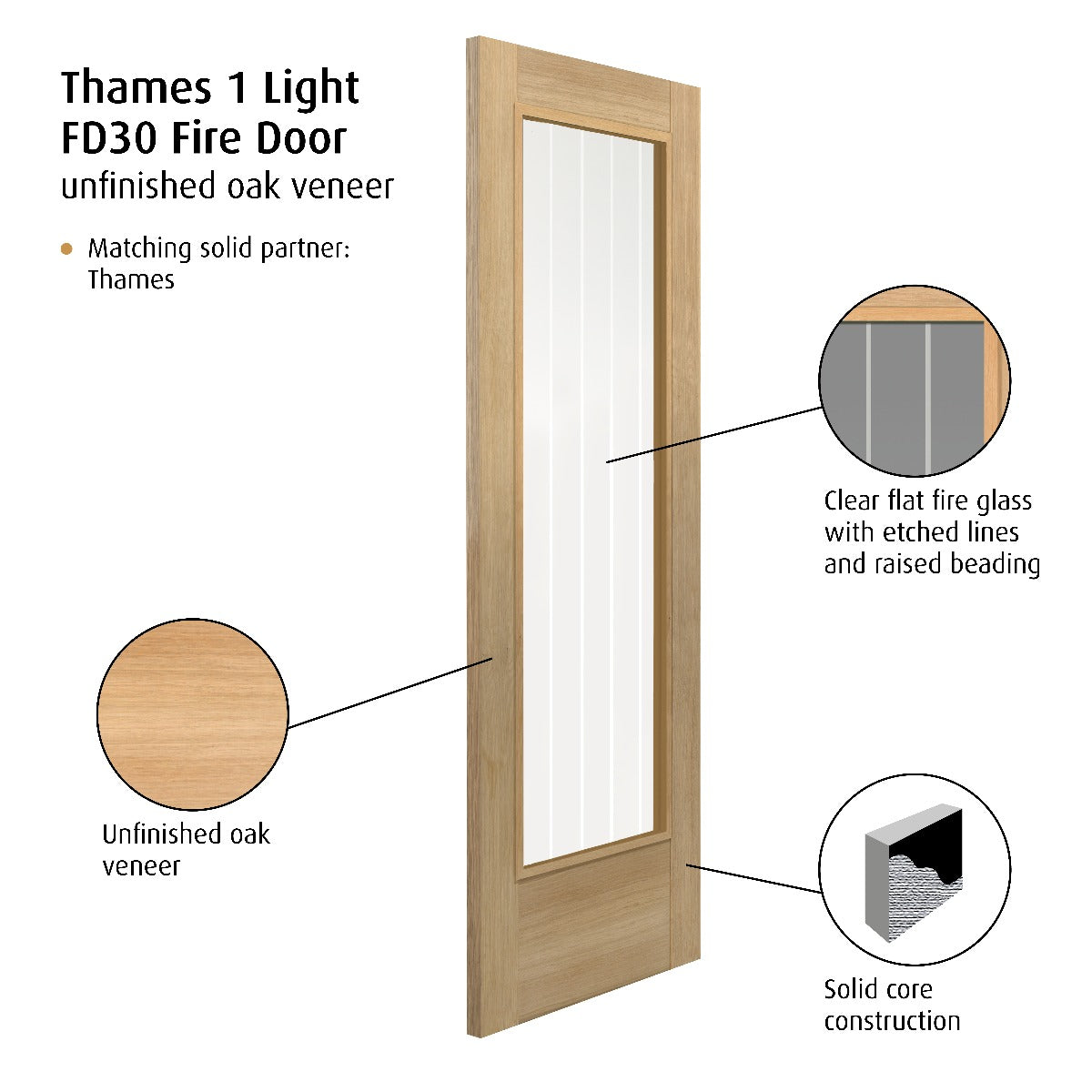 JB Kind Oak Cottage Thames 1 Light Glazed Internal Fire Door