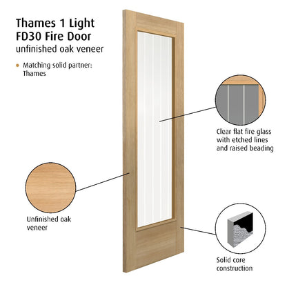 JB Kind Oak Cottage Thames 1 Light Glazed Internal Fire Door