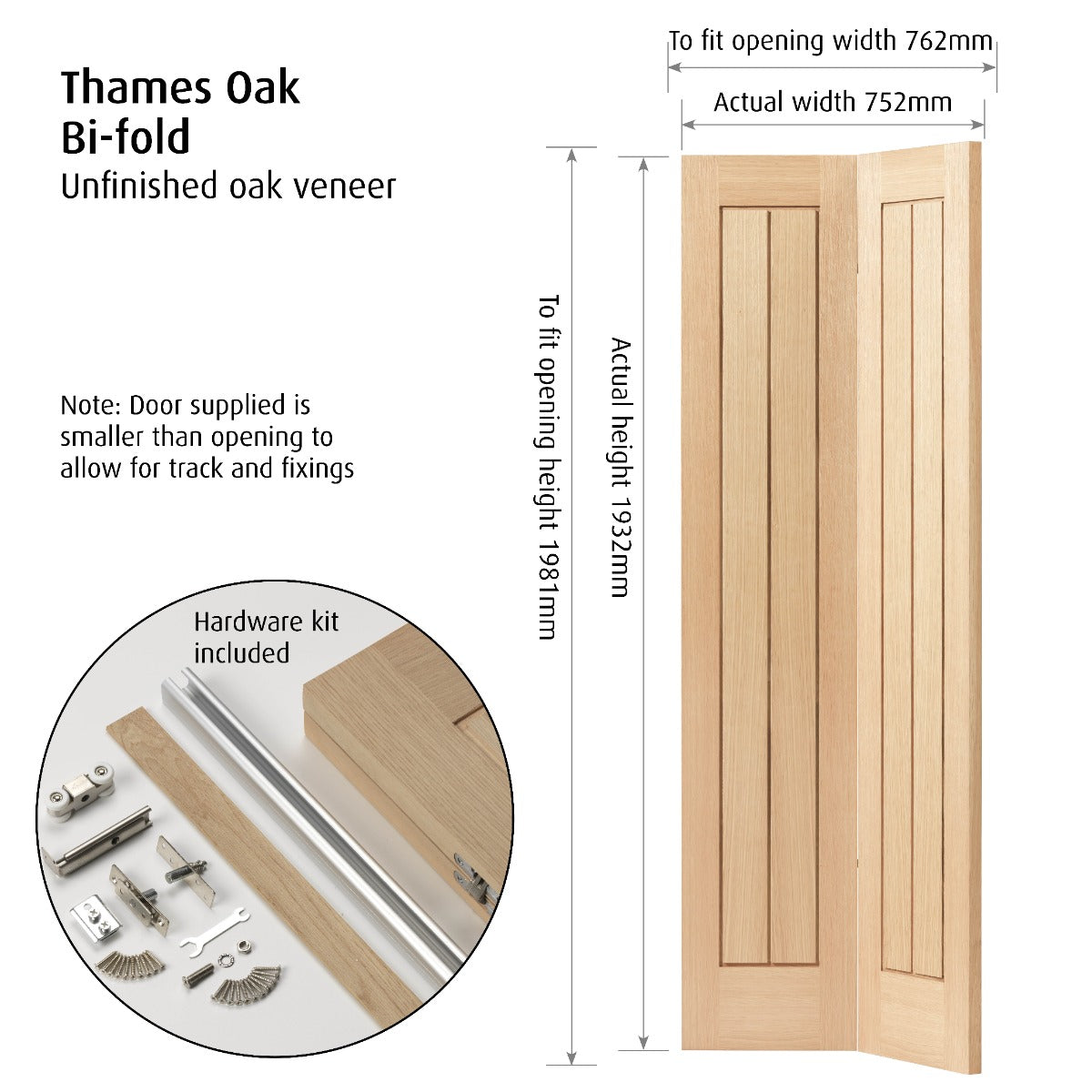 JB Kind Oak Cottage Thames Bi-Fold Internal Door Unfinished