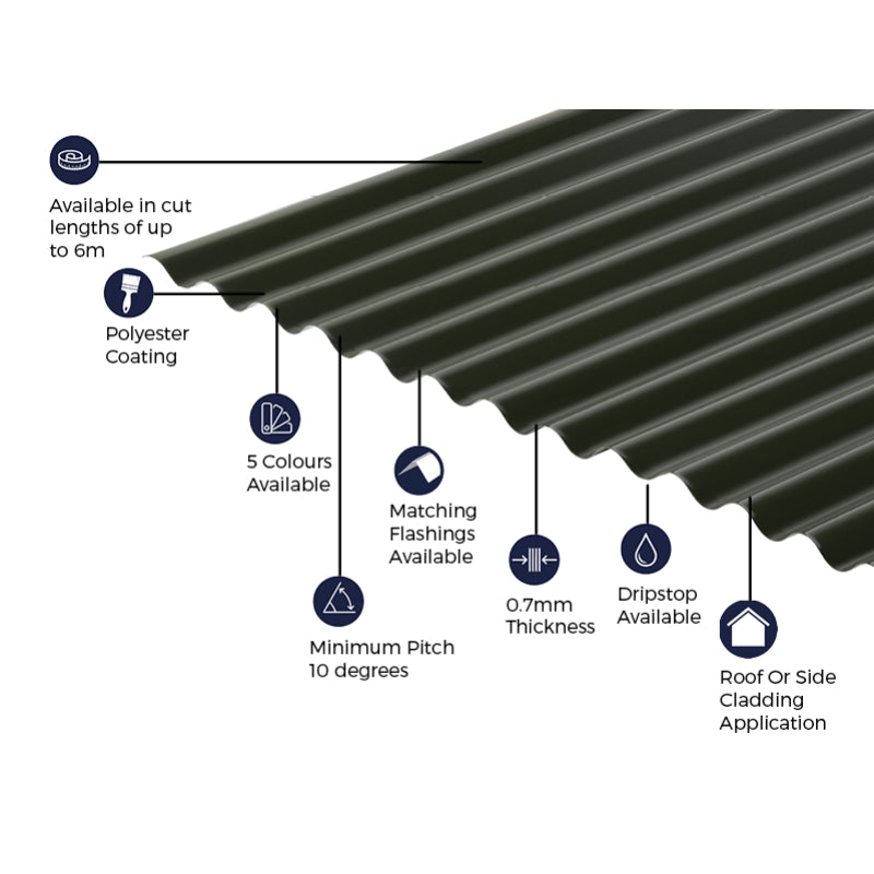 Cladco Corrugated 13/3 Profile Polyester Paint Coated 0.7mm Metal Roof Sheet Juniper Green - All Sizes