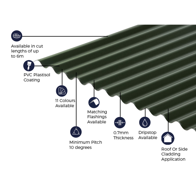 Cladco Corrugated 13/3 Profile PVC Plastisol Coated 0.7mm Metal Roof Sheet Juniper Green - All Sizes