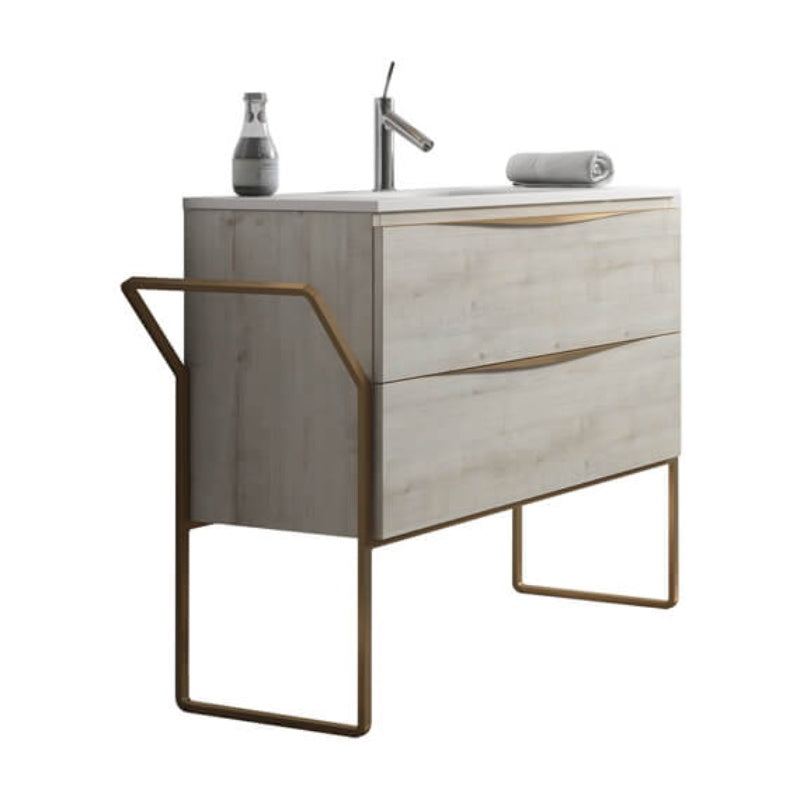 Aqua Vogue 2 Drawer Wall Hung Vanity Unit - Birch with Copper Handles and Flat Basin