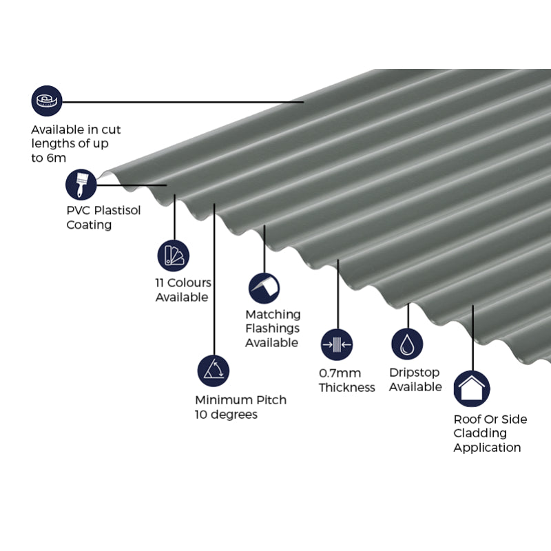 Cladco Corrugated 13/3 Profile PVC Plastisol Coated 0.7mm Metal Roof Sheet Merlin Grey - All Sizes