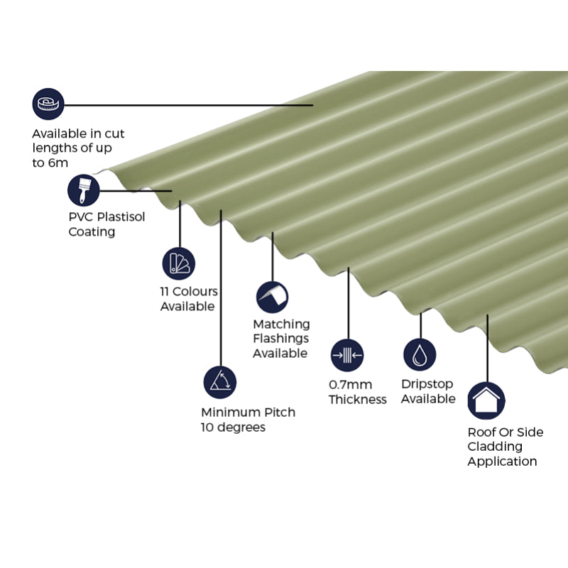Cladco Corrugated 13/3 Profile PVC Plastisol Coated 0.7mm Metal Roof Sheet Moorland Green - All Sizes
