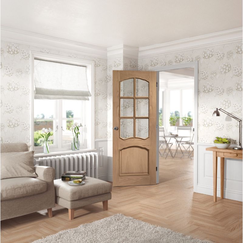 Image for XL Joinery Riviera Internal Oak Door With Raised Mouldings and Clear Bevelled Glass 2040 x 726 x 40mm