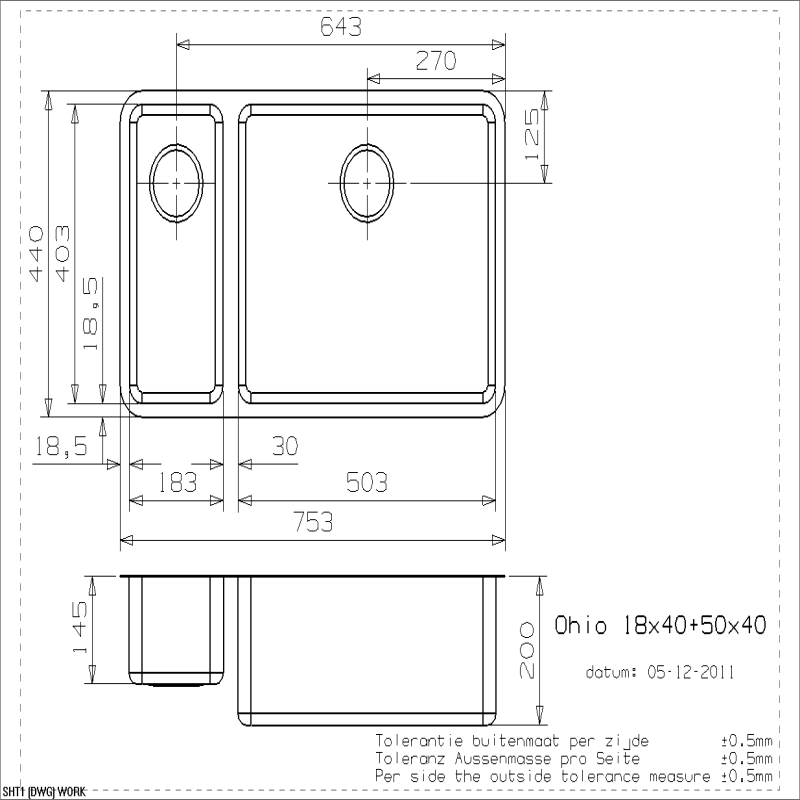 Reginox Elite Ohio 18x40+50x40-L Stainless Steel Integrated Kitchen Sink