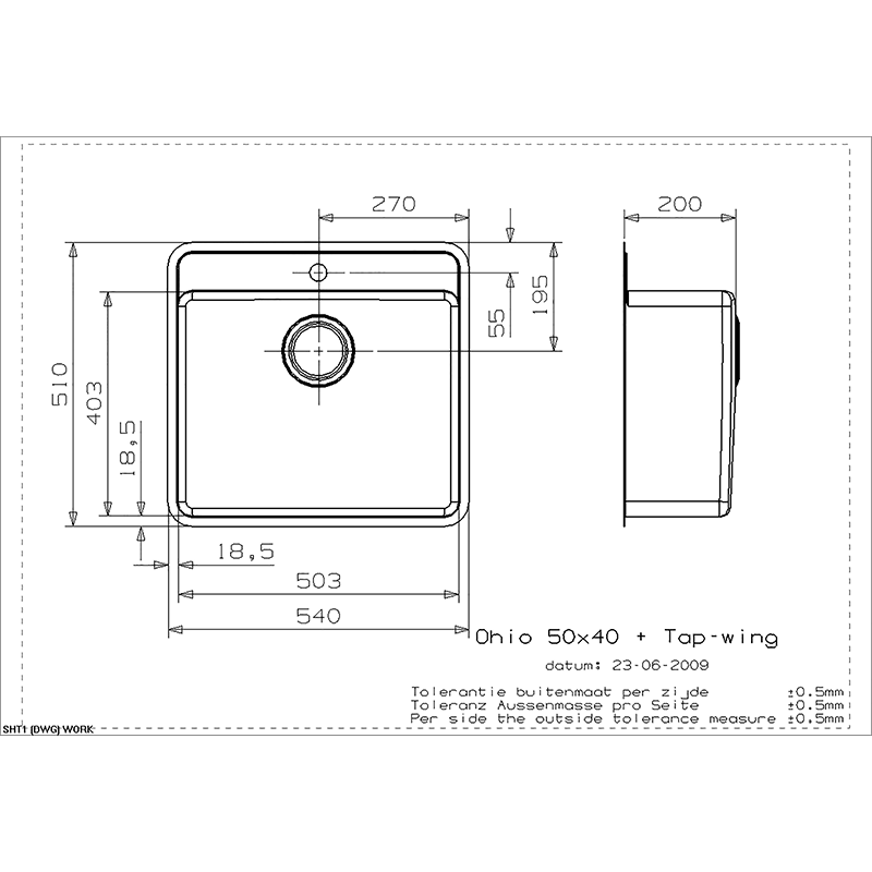 Reginox Ohio 50x40 Tapwing Integrated Stainless Steel Kitchen Sink