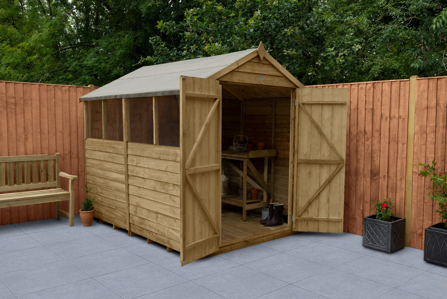 4LIFE Overlap Pressure Treated Apex Shed - Double Door, 4 Windows (HD) - 8 x 6ft