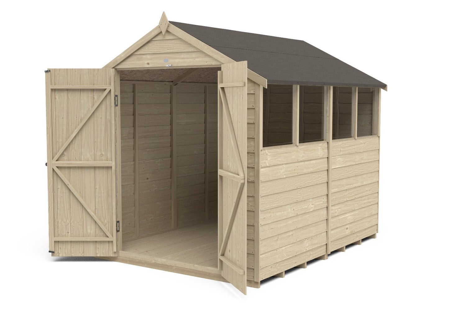 4LIFE Overlap Pressure Treated Apex Shed - Double Door, 4 Windows (HD) - 8 x 6ft