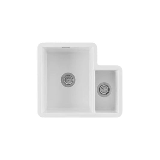 Ellsi 1.3 Bowl White Ceramic Undermount Kitchen Sink w/ Left Hand Main Bowl - 595mm x 520mm