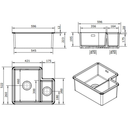 Ellsi 1.3 Bowl White Ceramic Undermount Kitchen Sink w/ Left Hand Main Bowl - 595mm x 520mm