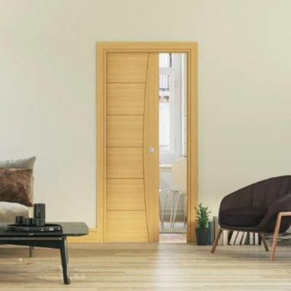 Deanta Single Door Sliding Kit + Handle & Doorjamb 100mm Oak Frame + Black Hardware - All Sizes