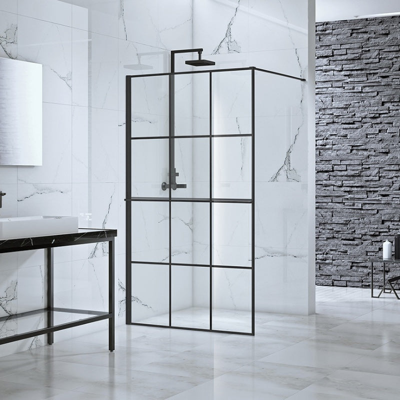 Aquaglass Velar+ Crittal Walk-In Panel w/ Towel Rail and Stabilising Bar (Black) - All Sizes