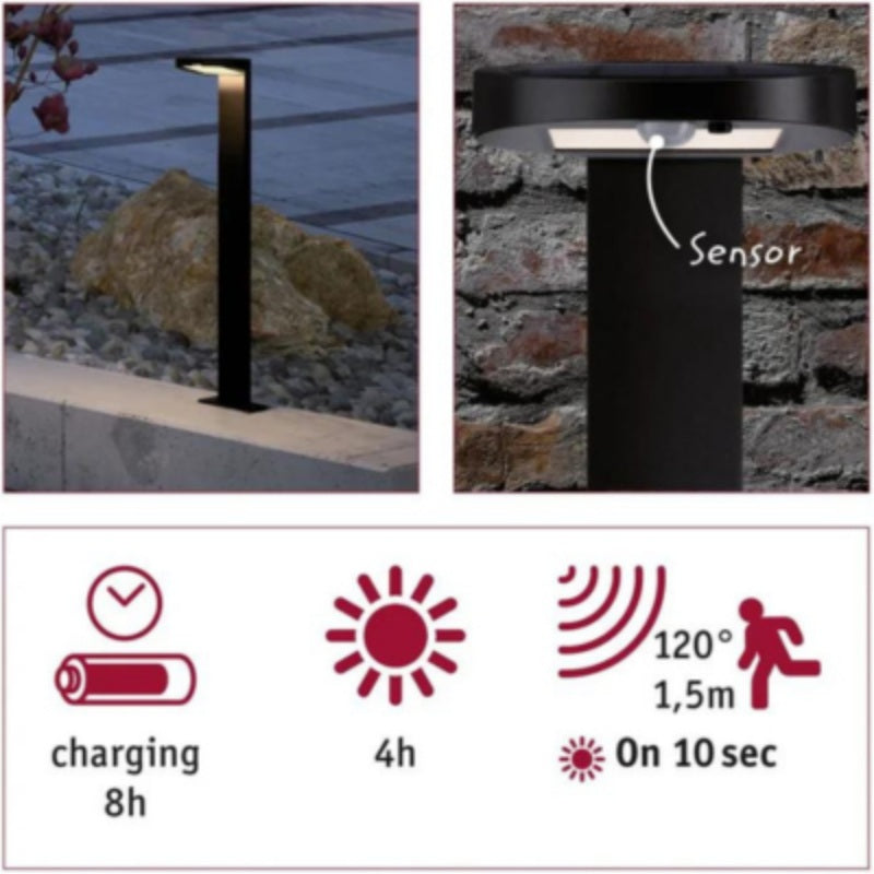 Outdoor Solar Bollard Ryse IP44 3000K 100lm Motion Sensor 