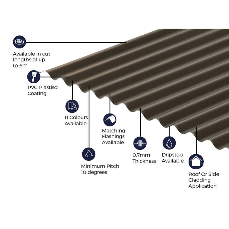 Cladco Corrugated 13/3 Profile PVC Plastisol Coated 0.7mm Metal Roof Sheet Van Dyke Brown - All Sizes