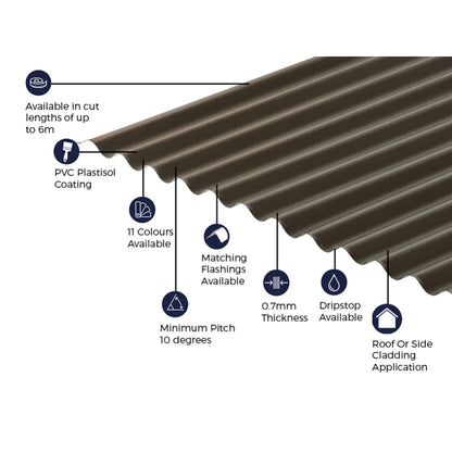 Cladco Corrugated 13/3 Profile PVC Plastisol Coated 0.7mm Metal Roof Sheet Van Dyke Brown - All Sizes