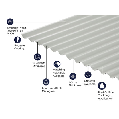 Cladco Corrugated 13/3 Profile Polyester Paint Coated 0.5mm Metal Roof Sheet White - All Sizes