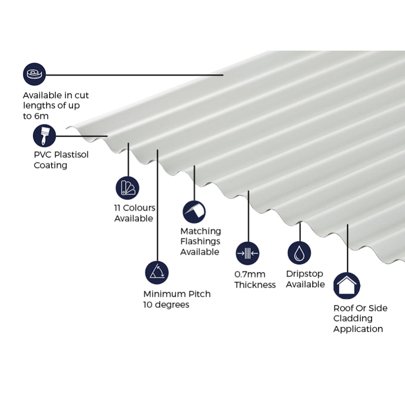 Cladco Corrugated 13/3 Profile PVC Plastisol Coated 0.7mm Metal Roof Sheet White - All Sizes